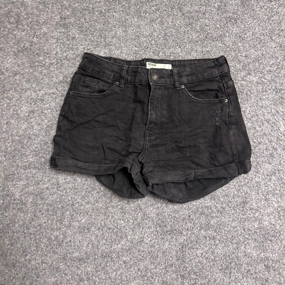 Bershka Denim Shorts Womens Size 6 Black Distressed Cuffed Hem Casual Summer